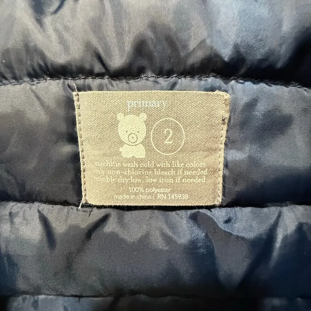 Primary Toddler Sz 2T Lightweight Water Repellent Puffer Jacket Navy‎ Blue Hood